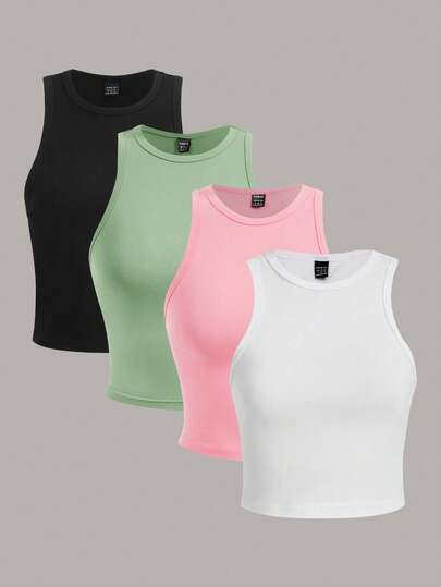 SHEIN Essnce 4pcs Crew Neck Solid Color Women's Tank Tops, Summer Casual All-Match Sleeveless Tank Top Set Back To School