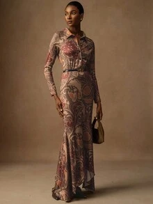 Lyxana Women's Retro Paisley Print Long Sleeve Button Front Dress Fall Cloth For Women - Multicolor - View 4