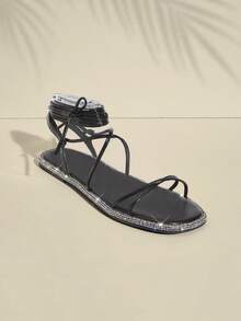 Women Fashion Sparkling Design Thin Strappy Buckle Flat Sandals - Black - View 3