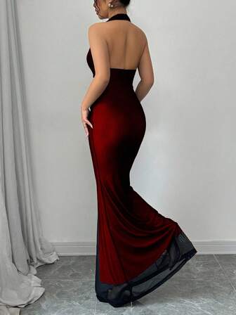 Rafferiza Elegant Bodycon Fishtail Hem V-Neck Waist Pleated Knit Mesh With Rose Red Lining Long Dress For Women, Autumn/Winter Fall Cloth For Women
