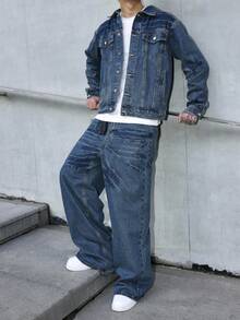 Manfinity EMRG Men's Blue Denim Set, Loose Fit Jacket And Wide Leg Jeans, Street Style, Autumn/Winter Men Wide Leg Jeans Boyfriend & Husband Regular Washed For Loose Wide Leg