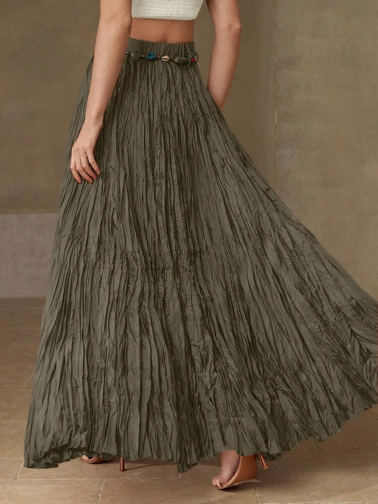 SOLID TEXTURED HIGH WAIST MAXI SKIRT WITH BEADED BELT