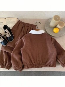 2件套男童梭织领休闲夹克和保暖内衬裤子套装 - 棕色 - 查看 5