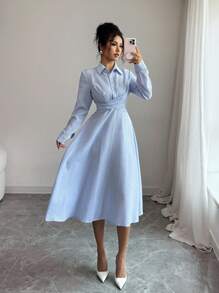 Elenzga 女士编织优雅长款秋季连衣裙 - 藍色 - 查看 6