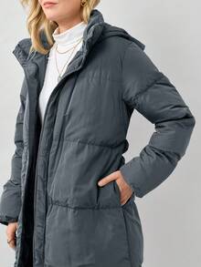 Miaspire Solid Color Hooded Belted Long Padded Jacket