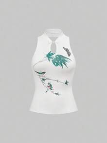 ROMWE Avant 复古花卉与鸟类刺绣弹力针织立领女式无袖上衣 - 米色 - 查看 1