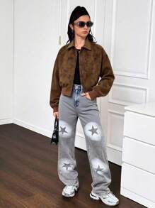 SHEIN Teen Girl Plain Collar Long Sleeve Cropped Loose PU Leather Jacket,In Fall/Winter - Brown - View 3