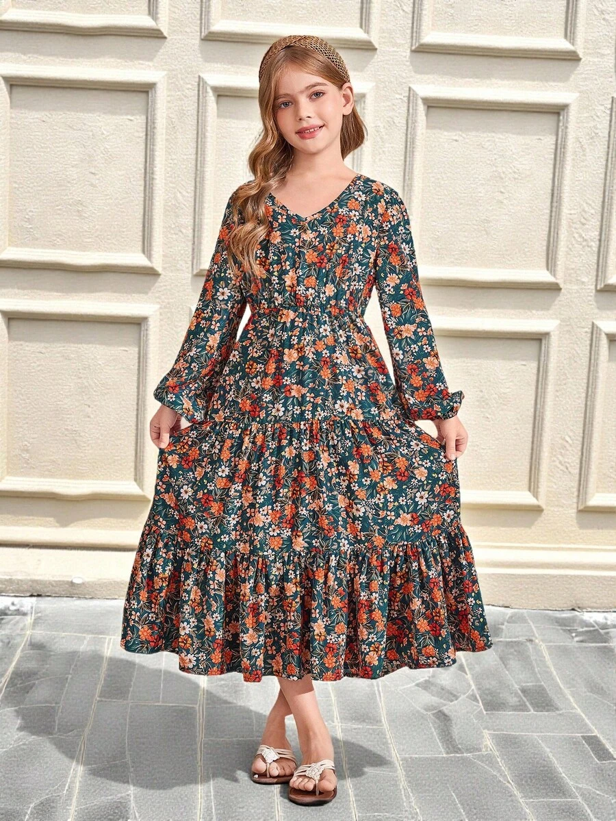 SHEIN Serisse Kids 大女孩花卉V領長袖收腰優雅洋裝,中長版綠色,休閒度假風,母女套裝,大女孩 - 綠色 - 查看 1