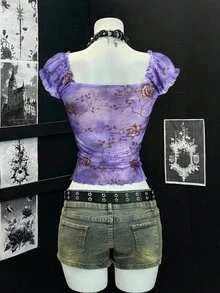 EgrlEra 复古性感修身女式泡泡袖T恤，方领，丝带和网眼拼布 - 淡紫色 - 查看 2