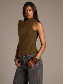 Aloruh Women's Autumn/Winter High Neck Wrap Fitted Ribbed Sweater Vest - Olive Green - View 5