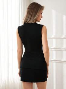 SHEIN Tall Women's Brown Elegant Rib-Knit Two Pieces Sets - Black - View 2