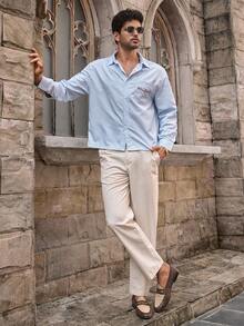 HIMLAND Camisa de manga larga casual de hombre con hombros caídos, tejida a rayas, con bordado de letra, azul claro a rayas, camisa azul polvo, camisa a rayas azul y blanca, camisa azul Carolina, para otoño, Old Money