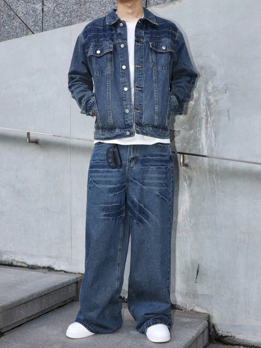 Manfinity EMRG Men's Blue Denim Set, Loose Fit Jacket And Wide Leg Jeans, Street Style, Autumn/Winter Men Wide Leg Jeans Boyfriend & Husband Regular Washed For Loose Wide Leg