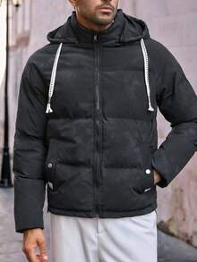 Manfinity VCAY Men's Long Sleeve Casual Hooded Slim Fit Zip Up Padded Coat Winter Black Outerwear Bubble Coat - Black - View 4