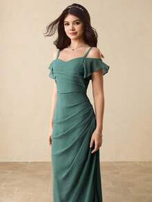 Teen Girl Elegant Party Solid Color Off-Shoulder Camisole Dress Fall Winter