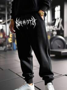 Manfinity Sport Corelite Men's Gothic Letter Print Pockets Drawstring Waist Sports Pants Sweat Pants - Black - View 3