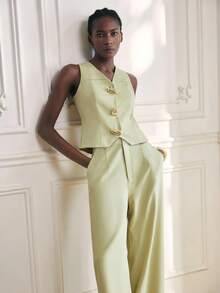 Maija 2 件套女士灰绿色金属单排扣背心和裤子休闲通勤西装套装 - 綠色 - 查看 8