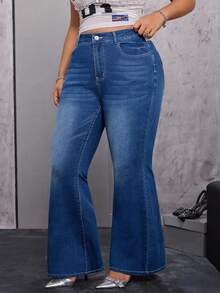 SHEIN EZwear 大码女式甜美街头时尚弹力中蓝色牛仔喇叭裤 - 中等水洗藍 - 查看 5