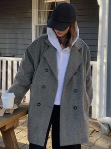 DAZY Áo khoác len dáng rộng màu trơn thường ngày dành cho nữ có ve rộng, áo khoác nữ thu/đông - Xám - Xem 3