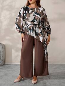 EMERY ROSE Plus Size Asymmetrical Print Shirt And Pants 2 Pieces Set