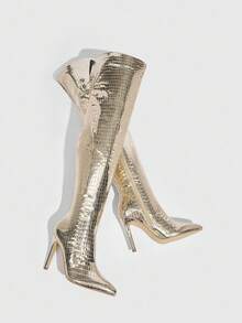 CUCCOO SZL 时尚欧美风格尖头过膝靴，细高跟，鹅卵石纹理，夜总会设计，万圣节圣诞节迪斯科派对性感夜总会坏人秋季 - 金色 - 查看 6