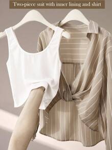 Franclia 2 pièces Ensemble de chemise sans manches rayée décontractée et chemise à manches longues pour femmes - Multicolore - Voir 1