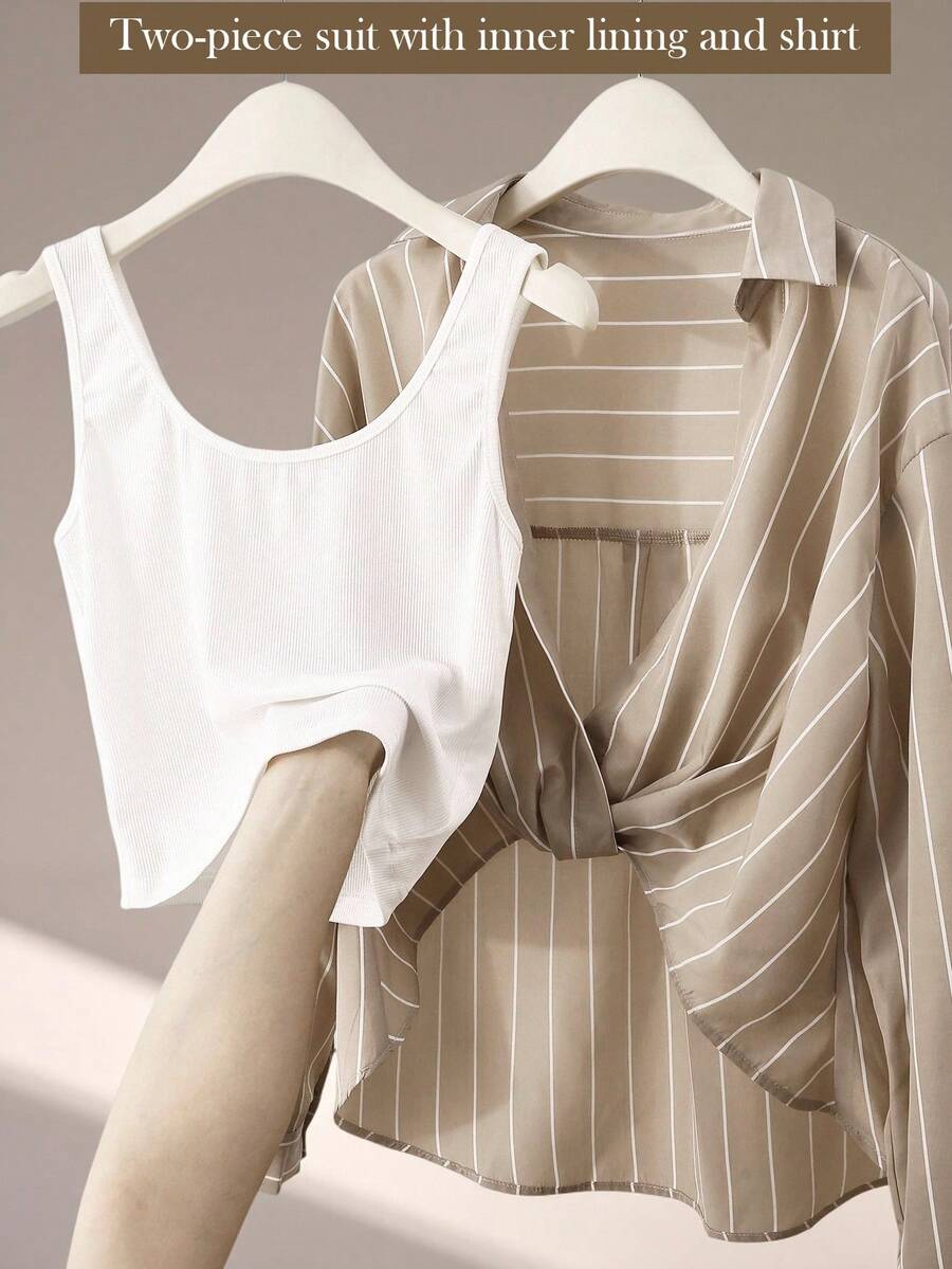 Franclia 2 pièces Ensemble de chemise sans manches rayée décontractée et chemise à manches longues pour femmes - Multicolore - Voir 1