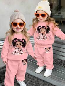 SHEIN 女婴针织柔软套头连帽衫和运动裤套装，可爱心形和蝴蝶结设计，适合秋冬季 - 粉色 - 查看 1