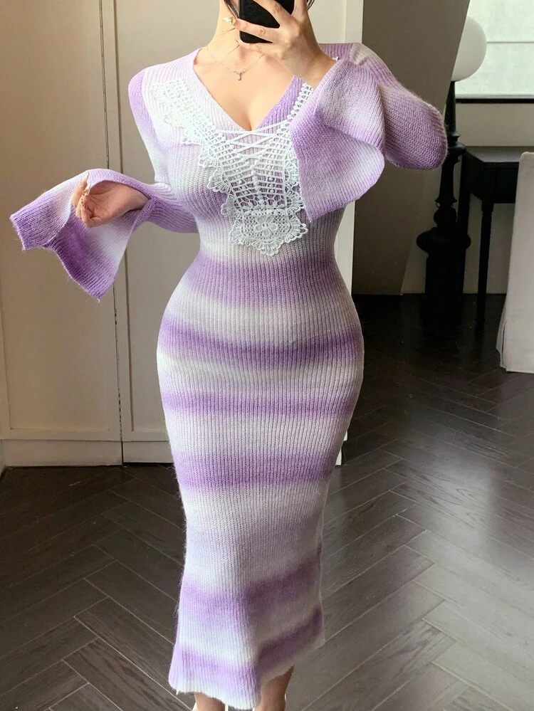 Sexy Fitted Tie-Dye Tie Dye Striped Hollow Lace Patchwork V-Neck Cinched Waist Flare Sleeve High Slit Elegant Wedding Party Maxi Sweater Dress For Women, Autumn/Winter