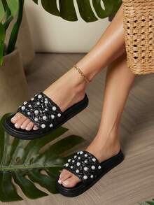 SHUZIA Women's Fashionable Rhombus Pattern Faux Pearl Flat Sandals - Black - View 2