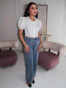 Durrani Popal Lace Trim Puff Sleeve Crop Blouse,Short Sleeve Tops - White - View 6