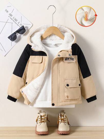 Sparklyn Winter Clothes,Winter Set,Winterclothes For Kids,Autumn Clothes,Halloween,Halloween Costumes,Christmas Clothes,Young Boy Color Block Zipper Pocket Casual Hooded Long Sleeve Padded Coat Fall