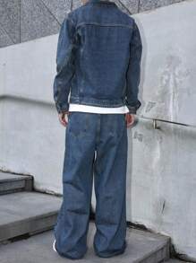 Manfinity EMRG Men's Blue Denim Set, Loose Fit Jacket And Wide Leg Jeans, Street Style, Autumn/Winter Men Wide Leg Jeans Boyfriend & Husband Regular Washed For Loose Wide Leg