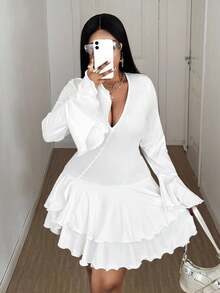 Maweii Plus Size Women's Fashionable Asymmetrical Ruffle Hem Long Sleeve Dress, Elegant Vibe Fall Cloth For Women - White - View 5