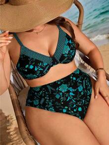 Swim Lushoire 大码女式花卉印花高腰简约时尚比基尼泳装