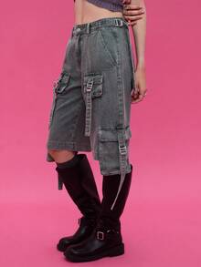 COUREZ Low Rise Utility Cargo Jorts /Y2K Going Out Spring Cargo Jeans - Baby Blue - View 4