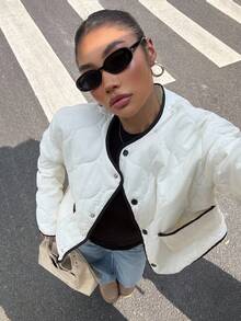 Muchica Women's Autumn New Textured Quilted Trim Short Padded Coat, Y2k Jacket,Fall - Apricot - View 1