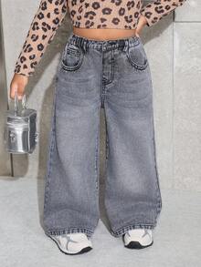 SHEIN 年轻女孩 Y2K 休闲日常水洗宽松牛仔裤，街头风，冬季，休闲时尚度假秋季装扮 - 灰色 - 查看 6