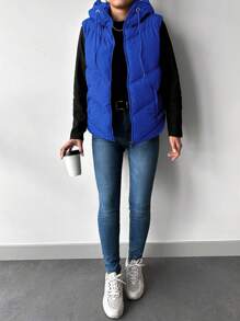 EURMUSE Drawstring Hooded Women's Padded Vest - Blue - View 4