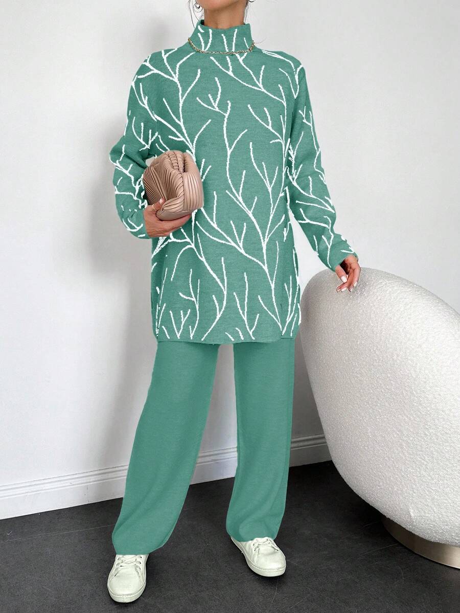 SHEIN Cottnline Women'S Branch Printed Mock Neck Sweater And Solid Colored Pants Two Piece Set - Green - View 1