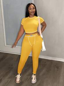 Slaydiva 2025 春夏新款休闲街头百搭运动基础修身绿色圆领短袖短款T恤和撞色腰裤女两件套，适合音乐节、复活节、西部游牧风格、乡村风格、婚礼嘉宾、日常旅行、毕业季、派对聚会、俱乐部、运动健身、瑜伽 - B - 黃色 - 查看 4