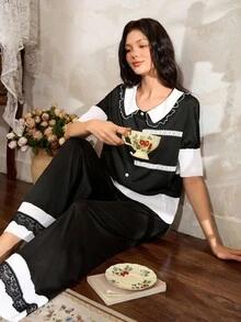 Côtesoire 2 件套南法式优雅蕾丝拼布宽松夏季女士睡衣套装女士蕾丝睡衣套装女士黑色睡衣套装女士睡衣套装 - 黑與白 - 查看 1