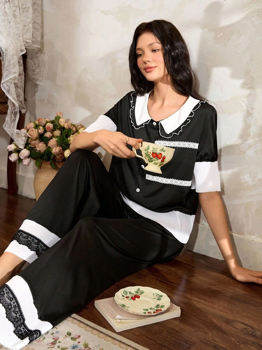 Côtesoire 2 件套南法式优雅蕾丝拼布宽松夏季女士睡衣套装女士蕾丝睡衣套装女士黑色睡衣套装女士睡衣套装 - 黑與白 - 查看 1