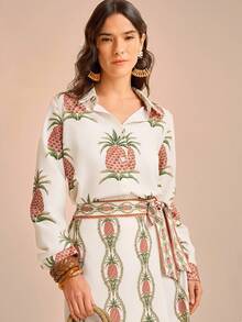 CAJUNI Chemise à manches longues à simple boutonnage avec imprimé ananas, style décontracté pour femmes