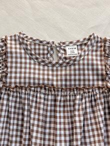 SHEIN 1pc Baby Girls Plaid Jumpsuit, Round Neck Long Sleeve Jumpsuit, Retro Fashion Versatile Casual, Suitable For Daily Wear, New Autumn Collection Fall Winter - Coffee Brown - View 5