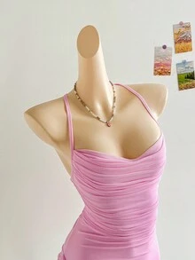 Soleia 女式纯色褶饰不对称下摆时尚细肩带迷你连衣裙，夏季 - 淺粉色 - 查看 7