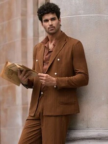 Manfinity BRENVOR Bộ vest nam 2 hàng khuy thường ngày, phong cách Old Money - màu nâu - Xem 3