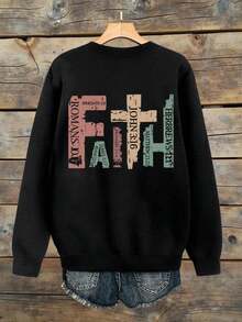 EMERY ROSE Große Größen Sweatshirt mit Glaubens-Slogan-Grafik für Damen, Rundhalsausschnitt, Langarm, Herbst/Winter - Schwarz - Übersicht 3