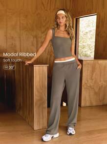 GLOWMODE 莫代尔罗纹直筒裤内置可调节抽绳腰运动裤带侧袋休闲日常穿着 - 棕色 - 查看 1