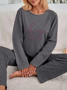 EURMUSE Plus 100% Cotton 2Pcs Eye&Heart Printed PJ Set Women S Pajama Women S Pajama Pants Women Pj Set Short Women Nighty Pj Tops For Women Pajama Set Women Long Sleeve Pajama Set Womens Pajama Set 2 Piece Pajama Set Women Sleepwear Set Women - Dark Grey - View 3